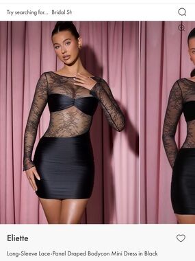 Oh Polly Black Long-Sleeve Lace-Panel Draped Bodycon Mini Dress